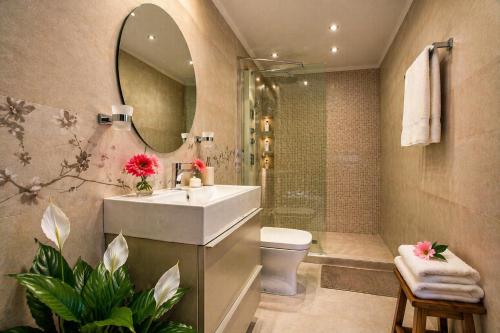 a bathroom with a sink and a toilet and a mirror at Nikoletta 5 in Vlachopoulátika