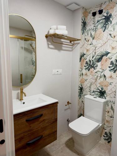 a bathroom with a toilet and a sink and a mirror at Casa Natali 2 in Fuengirola