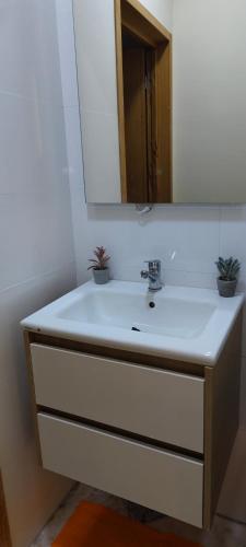 a bathroom with a sink with a mirror and potted plants at App najoua in Safi