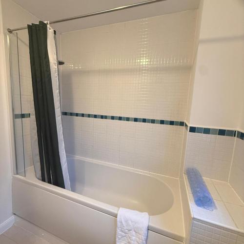 a white bathroom with a tub and a shower at NJ&C Properties in Bristol