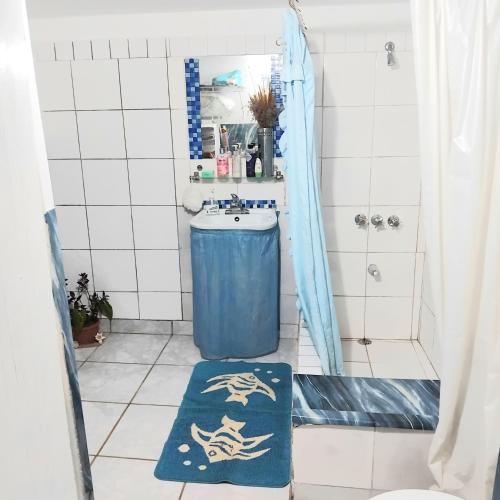 a bathroom with a sink and a blue rug at Powell's guesthouse in Santa Cruz