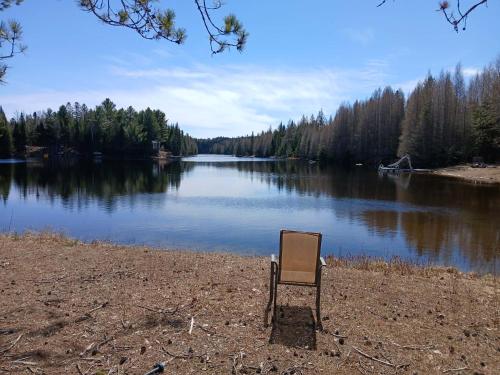 a chair sitting on the shore of a lake at Private Forest Spa Retreat - Modern Chalet in Chertsey