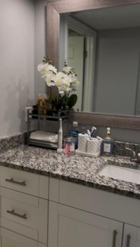 eine Badezimmerablage mit Waschbecken und Spiegel in der Unterkunft Raqsea Condo in Hampton