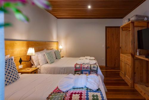 a hotel room with two beds and a television at Casa dos Pinheiros in Resende