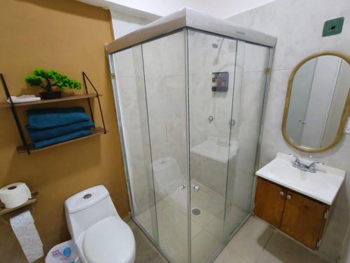 a bathroom with a shower and a toilet and a sink at Villa Del Mar 14 in Antón Lizardo