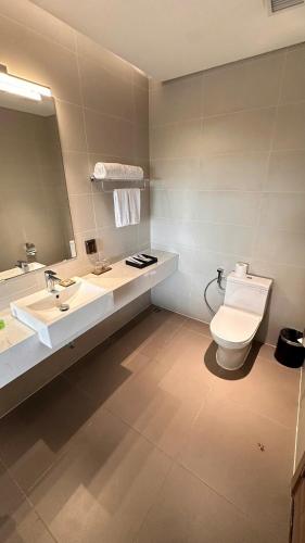 a bathroom with a toilet and a sink and a mirror at Flamingo Cát Bà in Cat Ba