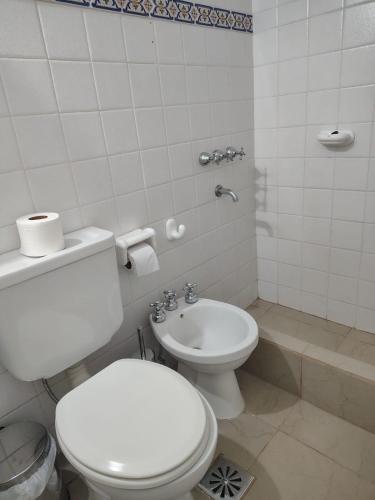 a white bathroom with a toilet and a sink at Cabaña con parque en Tupungato in Tupungato