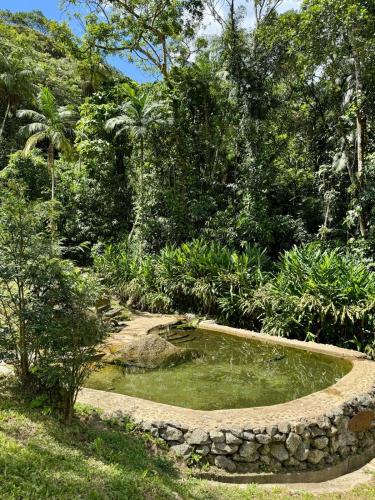 a pond in the middle of a garden at Serra Nevada House in Nova Friburgo