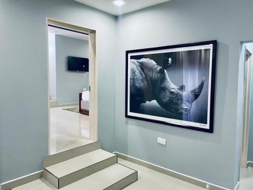 a hallway with a picture of a rhino on the wall at The KWASU Apartments in Chipata