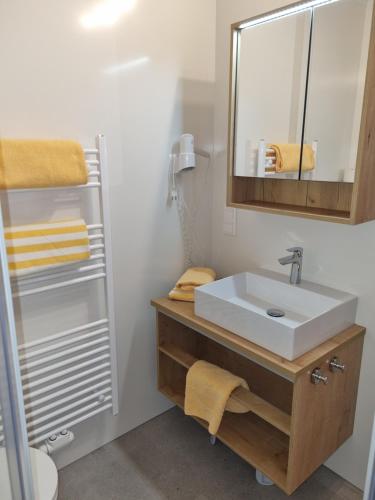 a bathroom with a sink and a mirror at Bauernhof Pension Juri in Obergösel