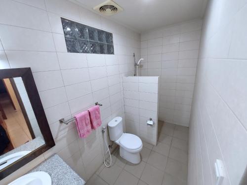 a bathroom with a toilet and a sink and a mirror at Hotel Flamboyan Kuta in Kuta