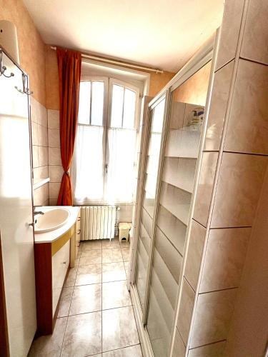 a bathroom with a sink and a shower and a mirror at Entre Loire et Zoo Chambres d hôtes in Meusnes