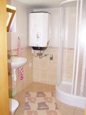 a bathroom with a shower and a toilet and a sink at Chata pod Lazíkom in Liptovský Hrádok