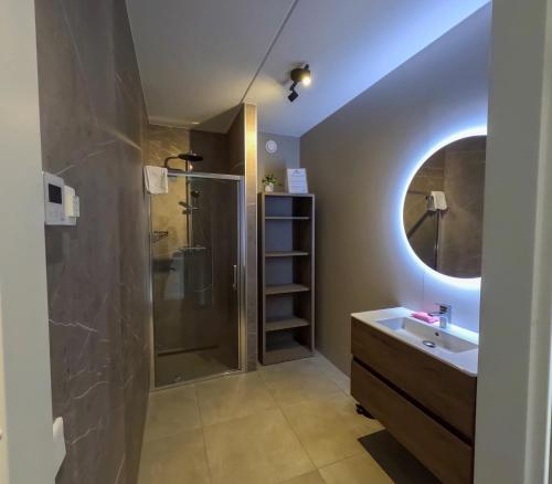 a bathroom with a shower and a sink and a mirror at Kooparc in Giesbeek