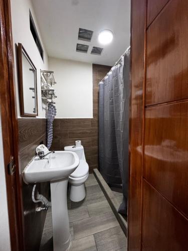 a bathroom with a white toilet and a sink at Hotel-cafetería TERRAVOLCAN in San Pedro Sacatepéquez