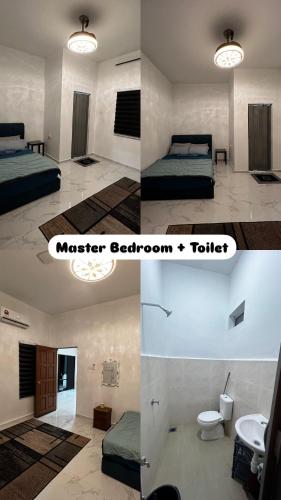 a collage of three pictures of a bedroom with a bed and a bathroom at DBreeze Homestay in Pengerang