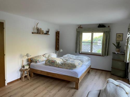 a bedroom with a bed and a window at Pedecosta in Poschiavo