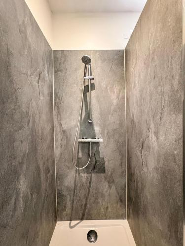 a shower in a bathroom with a gray wall at Appartement Lily-rose in Cerizay