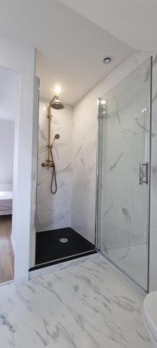 a bathroom with a shower with a glass door at Le Charmant in Dieppe
