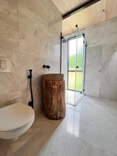 a bathroom with a toilet and a tree stump in it at The Grit - Adults-Only Modern Design House near Brașov in Vama Buzăului
