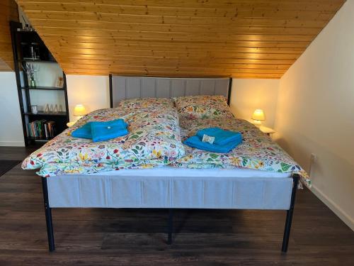 a bed with blue pillows on it in a room at Wesernest Schulz in Höxter