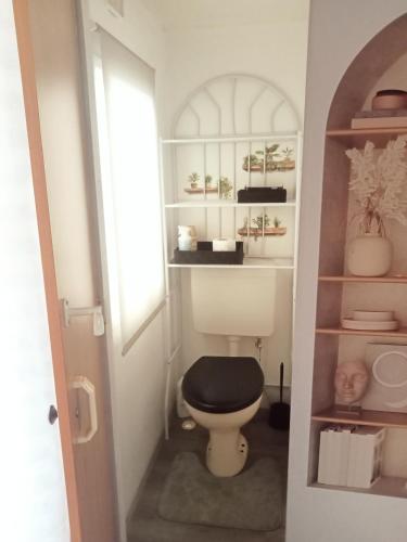 a bathroom with a toilet with a black seat at Mobil home zen élégant in Mimizan