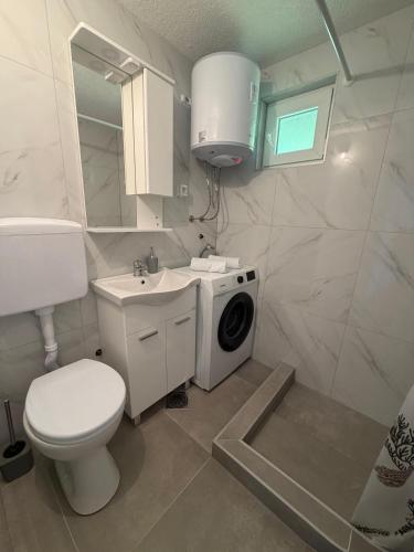 a bathroom with a toilet a sink and a washing machine at Vikendica Markić in Šipovo