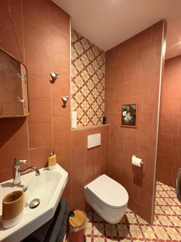 a bathroom with a toilet and a sink at La Roseraie de Malpas in Quingey