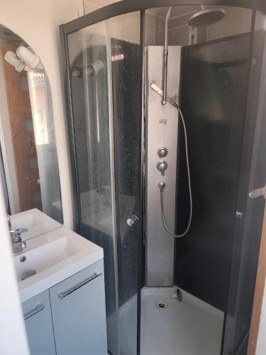 a shower with a glass door in a bathroom at superbe t3 in Cognac