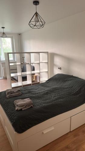 a bedroom with a large bed with black sheets at Arena apartment in Panevėžys
