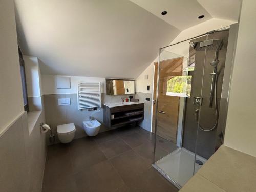 a bathroom with a shower and a toilet and a sink at Appartements Pedescin in Ortisei