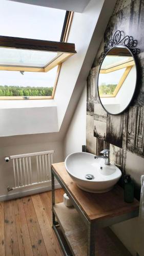 a bathroom with a sink and a mirror at Leśna Kryjówka in Trzebciny