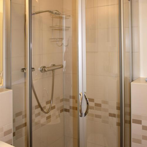 a shower with a glass door in a bathroom at Domblick an der Freiheit in Meißen
