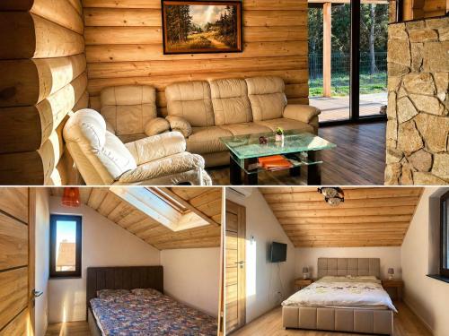 two pictures of a room with a couch and a table at Relax Chańcza in Pągowiec