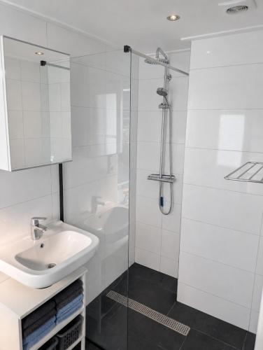 a white bathroom with a sink and a shower at Appartement Bongerdstraat in Nijmegen