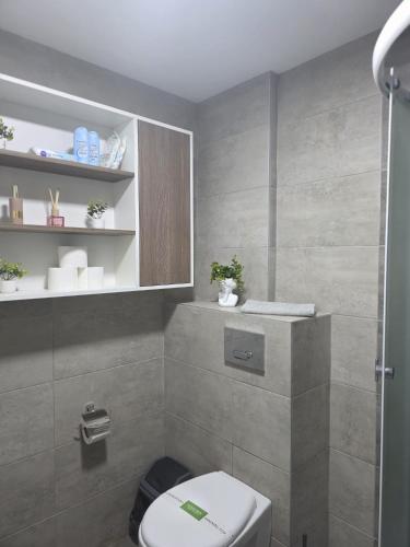 a bathroom with a white toilet and a shower at Aura Apartmani Vrnjačka Banja in Vrnjci