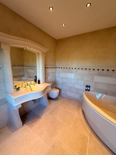 a bathroom with a tub and a sink and a toilet at Château D - Roncheval in Mouscron