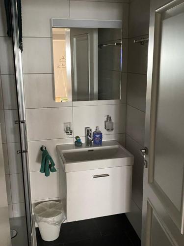 a small bathroom with a sink and a mirror at Zentrales Schloss Apartment in Arbon