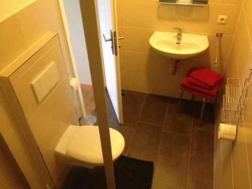 ein Badezimmer mit einem weißen WC und einem Waschbecken in der Unterkunft Zur schönen Müllerin in Wredenhagen