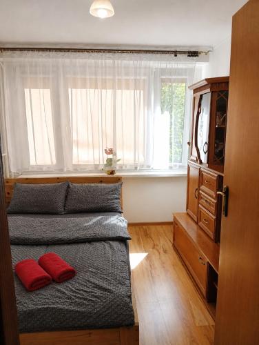 a bedroom with a bed with two red pillows at Komfortowy Apartament na wyłączność 2 Sypialnie Blisko Centrum in Gorlice