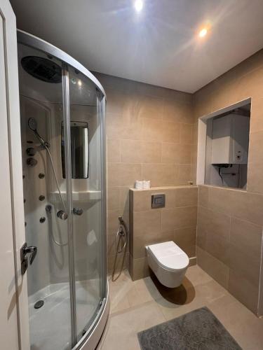 a bathroom with a shower and a toilet at Perle Bleue de Gammarth in Gammarth