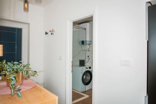 a room with a mirror and a table with a plant at Apartment Matko in Ploče