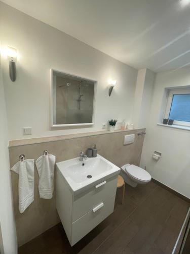 a bathroom with a white sink and a toilet at Ferienwohnung Moor in Wickede (Ruhr)