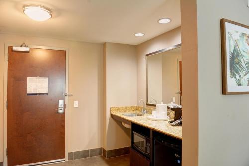 a bathroom with a sink and a wooden door at Hampton Inn Crystal River in Crystal River