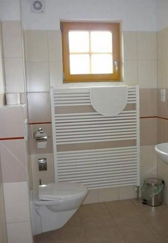 a white bathroom with a toilet and a window at Apartmány Na Kobylce in Modrava