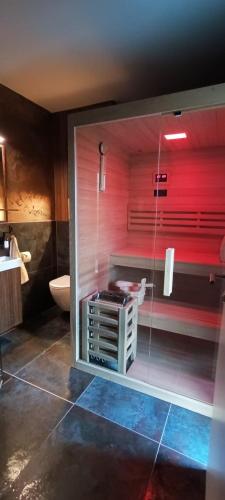 a bathroom with a glass shower with a toilet at Rivera House Mrežnica in Generalski Stol