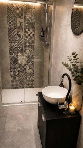 a bathroom with a sink and a shower at Centrum Rosenbaum in Beroun