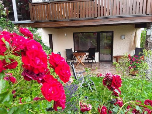 a patio with red flowers and a table and chairs at Ferienwohnung Klaus in Ebermannstadt