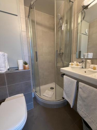 a bathroom with a shower and a toilet and a sink at Logis Hôtel Les Colonnes Strasbourg Zenith in Strasbourg