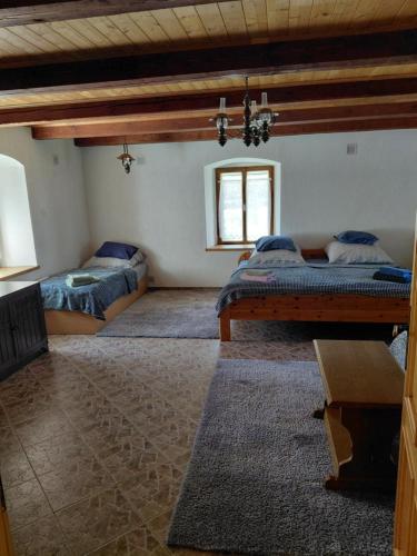 a bedroom with two beds in a room with a ceiling at Chalupa u Kolčavy in Volenice